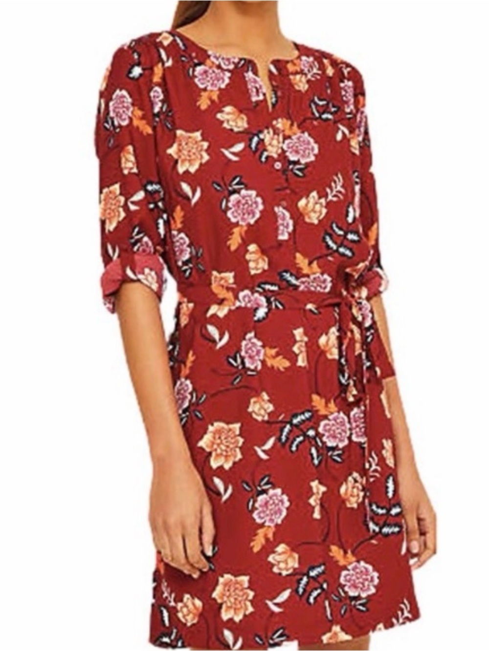 LOFT Burgundy Floral Tie-Waist Midi Dress